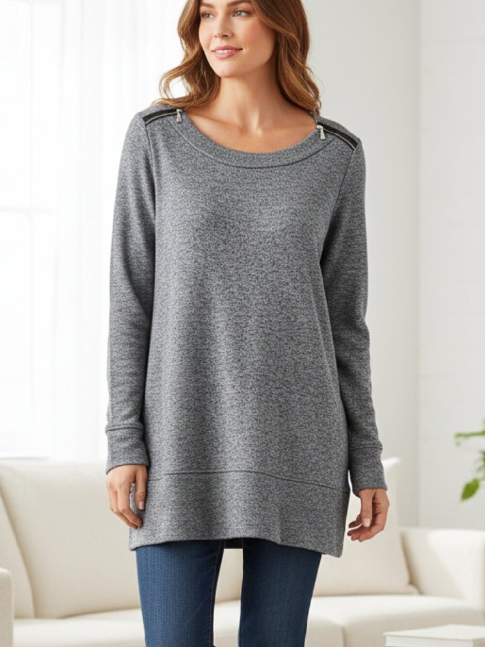 Loft L Women's Tunic Top Knit French Terry Blue LS Zippers Casual Comfy Boho